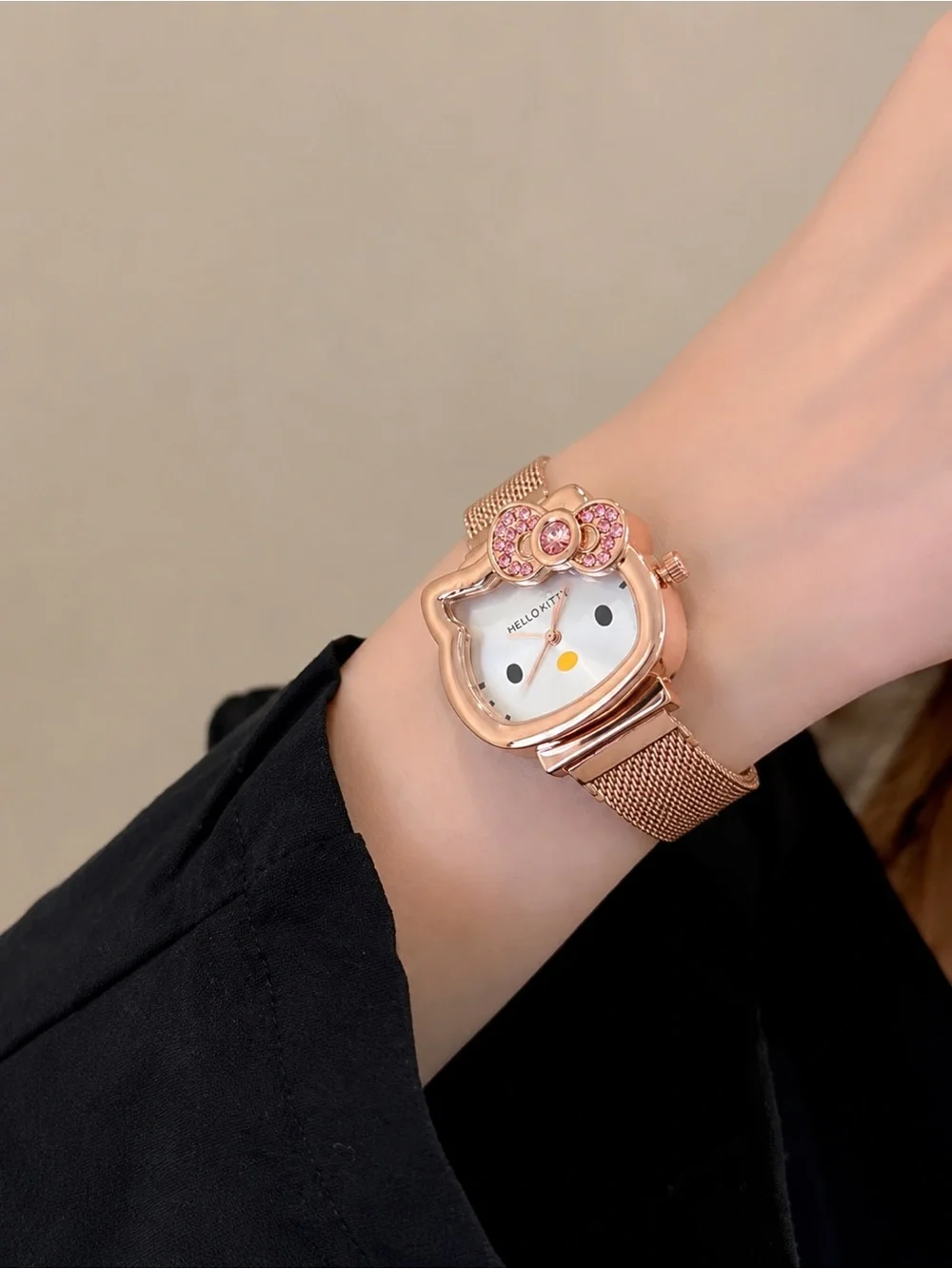 Cute Rose Gold Mesh Watch with Pink Crystal Bow
